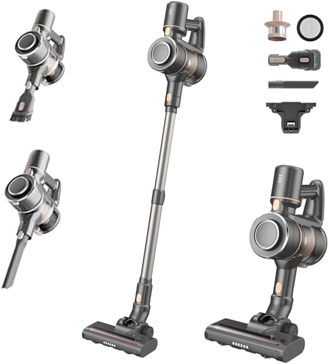 Mojojo Cordless Stick Vacuum Cleaner, 23KPa Handheld Rechargeable Battery Lightweight Small Silver Gray Electirc Broom, 55Mins Runtime for Home Hard Floor Carpet Pet Hair Cleaning