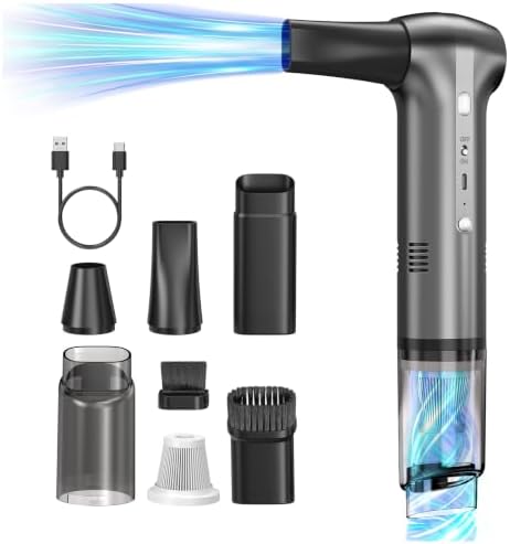 Compressed Air Duster & Car Vacuum 2-in-1, Portable 150000RPM Turbo Fan,3 Blower Speeds & 2 Suction Modes（16KPA） Type-C Rechargeable Dust Buster for Keyboard, PC, Desk, Home Office