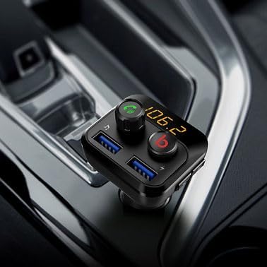 AutoTech Bluetooth FM Transmitter with Enhanced Bass, Hands-Free Calling, Dual USB Ports, and Large LED Display – Wireless Music Streaming and Car Charger with Voice Prompts & Safety Protection