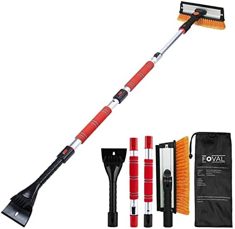 FOVAL 62.4" Extendable Ice Scraper Snow Brush with Squeegee for Windshield Window Car Trucks SUVs, 270° Pivoting Brush Head, Essential Winter Tool Ice Snow Remover with Comfortable Foam Grip