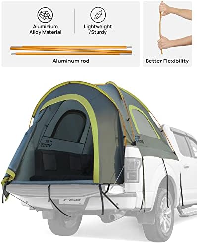 JOYTUTUS Pickup Truck Tent 5ft 2.0, Waterproof PU2000mm Double Layer for 2 Person, Portable Truck Bed Tent with Rainfly, Green, Aluminum Pole