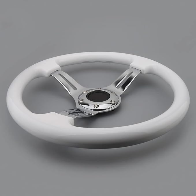 Classic White Car Racing Steering Wheel Chrome Silver Spokes 350mm 13.5" Sports Wood Steering Wheel 6 Bolts Deep Dish With Horn Button