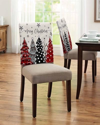 Merry Christmas Chair Back Covers Set of 8 Cartoon Xmas Tree Snowflake Plaid Red Dot Linen Washable Removable Chair Cover Slipcover Protector for Dining Room Hotel Party Holiday Decor