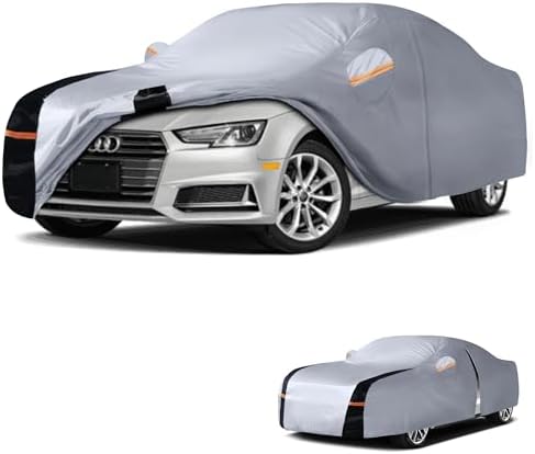 Multi-Layer Car Cover Custom Fit for Audi A4 (2007-2026), 100% Waterproof All Weather for Automobiles, Gift with Towel, Heavy Duty Car Covers for Rain Sun UV Protection with Door Zipper.