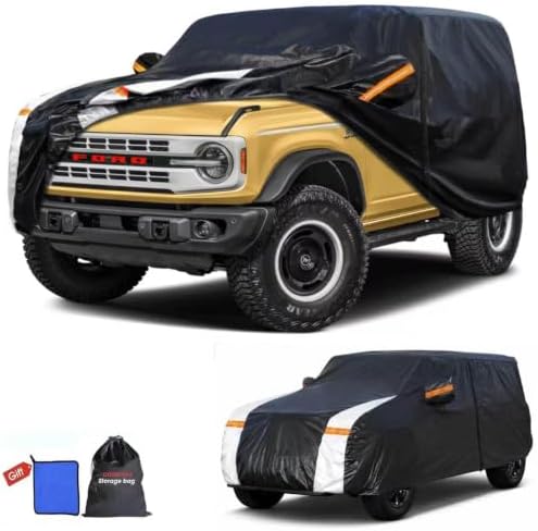 Multi-Layer Car Cover Custom Fit for Ford Bronco 4 Door(2020-2026, No Fit Sport/2 Door), 100% Waterproof All Weather for Automobiles, Heavy Duty Car Covers for Rain Sun UV Protection with Door Zipper