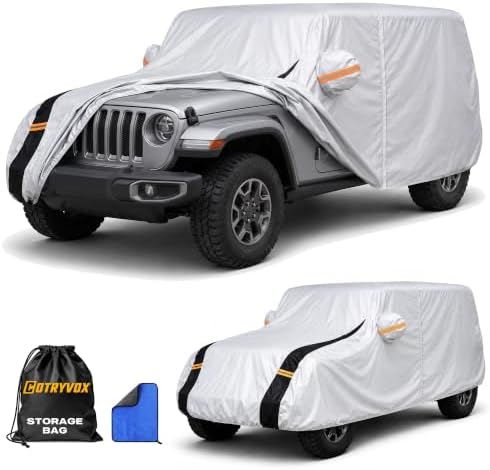 Multi-Layer Car Cover Custom Fit for Jeep Wrangler 2 Door CJ YJ JK JL(1987-2026), 100% Waterproof All Weather for Automobiles, Gift with Towel, Heavy Duty Car Covers for Rain Sun UV Protection.