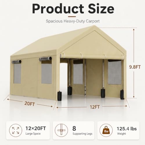 Nuturelly 12x20 Heavy Duty Carport, Portable Garage for Truck SUV, Khaki