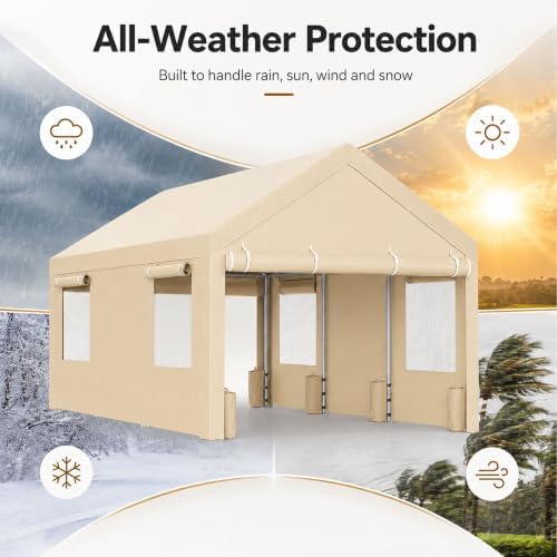Nuturelly 12x20 Heavy Duty Carport, Portable Garage for Truck SUV, Khaki