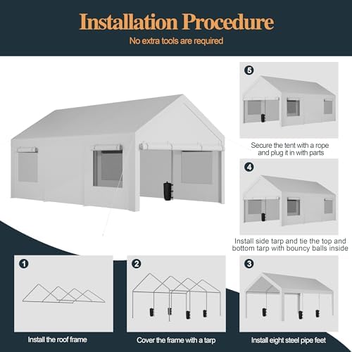 Shintenchi Portable Garage Canopy,10x20 FT Heavy-Duty Design Carport,Carport Canopy with Side-Opening Removable Door & Roll-Up Window,Portable Car Port for Car, Truck, Boat,White