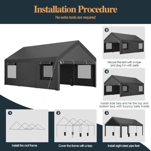 Shintenchi 12x20 FT Heavy-Duty Design Carport,Portable Garage Canopy,Carport Canopy with Side-Opening Removable Door & Roll-Up Window,Portable Car Port for Car, Truck, Boat,Grey