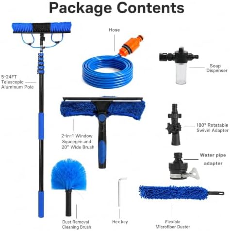 Solar Panel Cleaning Brush Kit with 5-24FT Telescopic Pole Water Fed Brush Window Gutter Cleaning Tool 20'' Wide Brush,Soap Dispenser, Squeegee & Cobweb Duster for Roof RV Deck Snow Removal