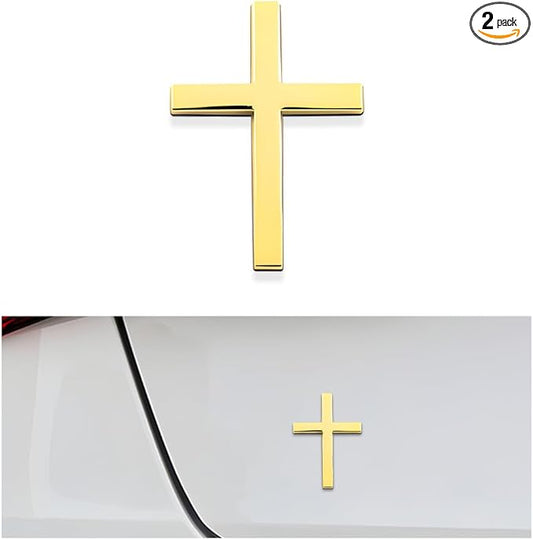 DXNQ Metal Jesus Christ Cross Badge Stickers, 2.5"×1.8" Alloy 3D Individual Car Cross Sticker, Self Adhesive Scratch Covering Cross Emblem Decal for Car Body Fender Tail (Golden)