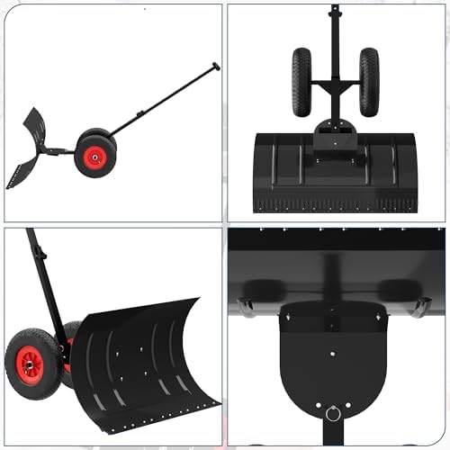 Large Black Wheeled Snow Shovel for Driveway - Heavy Duty Adjustable Snow Pusher with 5-Position Angle & Height Handle - Ergonomic Design for Back-Save Effort Snow Removal, 30" W x 18" H