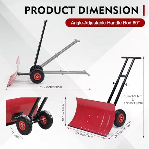 Snow Shovel with Wheels, 29X16.5inch Angled Steel Blade，Heavy-Duty Snow Shovel Pusher and Plow with Height Adjustable Handle for Driveway and Efficient Snow Removal (29 Inch X16.5 Inch)