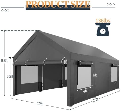 Shintenchi 12x20 FT Heavy-Duty Design Carport,Portable Garage Canopy,Carport Canopy with Side-Opening Removable Door & Roll-Up Window,Portable Car Port for Car, Truck, Boat,Grey