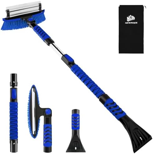 METOWARE 44" Ice Scraper and Snow Brush for Car Windshield, Extendable Heavy Duty Ice Remover with 360° Pivoting Head for SUV Truck, Ergonomic Grip, Blue