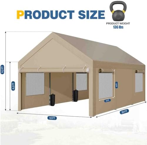 JAMFLY 10x20 ft Heavy Duty Portable Carport Garage, Camel
