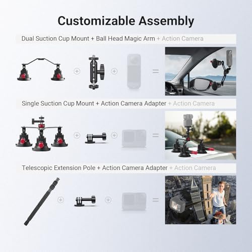 NEEWER 5 in 1 Suction Car Mount Kit Compatible with Insta 360 X5 X4 X3 Insta360 X2 GoPro Max DJI OSMO 360 Action Camera Accessories, Quick Release with Invisible Selfie Stick for Windshield, CA075