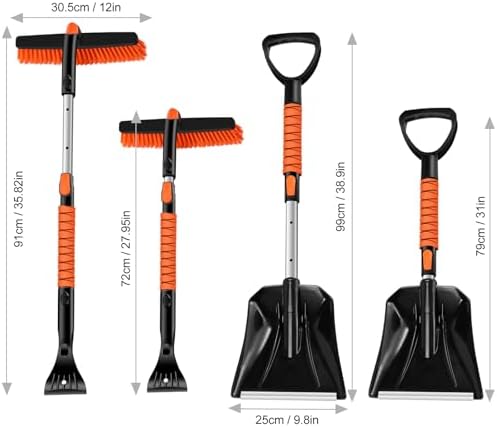 Odoland Ice Scraper with Snow Brush and Snow Shovel, 35" Extendable Snow Remover with Foam Grip, 360° Pivoting Brush Head for Car Windshield, Emergency Snow Scraper for SUV Truck Vehicle, Orange