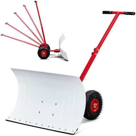 Outvita Snow Shovel with Wheels, 29" Blade Snow Pusher Plow, White & Red
