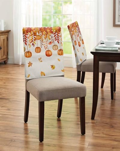 Thanksgiving Orange Pumpkin Chair Back Covers Set of 6 Fall Maple Leaves Floral Linen Texture Washable Removable Chair Cover Slipcover Protector for Dining Room Hotel Party Holiday Decor