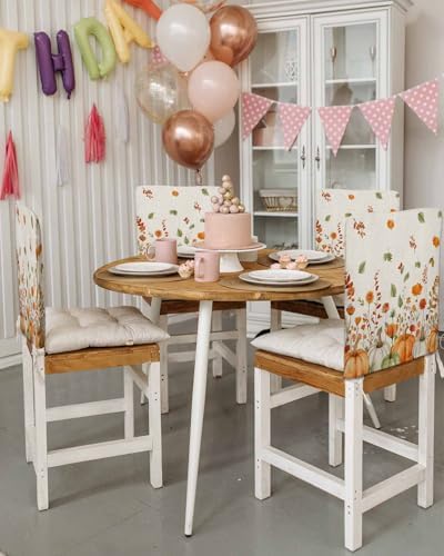 Thanksgiving Orange Pumpkin Chair Back Covers Set of 6 Wildflowers Leaves Watercolor Linen Texture Washable Removable Chair Cover Slipcover Protector for Dining Room Hotel Party Holiday Decor