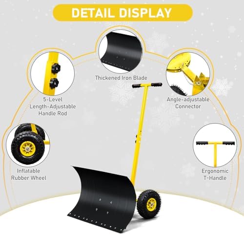 VINGLI Snow Pusher Shovel with Wheels, 29" Adjustable Ergonomic T-Handle Snow Plow for Driveway, Heavy Duty Wheeled Rolling Shovels for Snow Removal, Angle Adjustable (Black & Yellow)