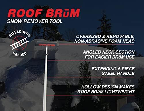 RoofBrum Snow Broom for Roof Snow Removal, 22 Foot - The Ultimate Snow Roof Rake for Your Home - Foam Head, 6 Piece Handle - Clear Wet, Heavy Snow from Your Roof, No Ladders Needed