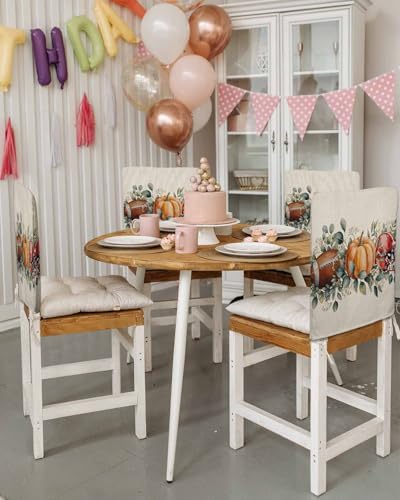 Thanksgiving Pumpkin Chair Back Covers Set of 6 Football Helmet Eucalyptus Leaf Linen Watercolor Washable Removable Chair Cover Slipcover Protector for Dining Room Hotel Party Holiday Decor