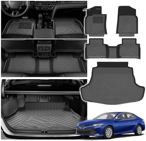 Powerty Floor Mats Cargo Liner for Toyota Camry 2018-2024 FWD Only (Not Fit Hybrid or AWD) All Weather 3D TPE Anti-Slip Car Protection, 1st & 2nd Row Set with Rear Cargo Mat Accessories