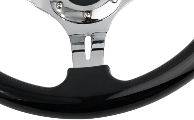 Classic Black Car Racing Steering Wheel Chrome Silver Spokes 14" Flat Dish Sports Wood Grain Steering Wheel Anti-slip with Horn Button