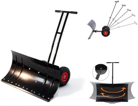 29" Metal Snow Shovel with Wheels, Ergonomic Handle for Snow Removable