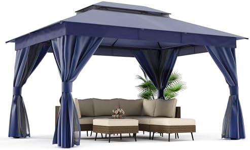 LAUSAINT HOME 10x13 Gazebo Canopy with Netting, Curtains & Double Roof