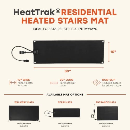 HeatTrak Heated Snow Melting Mat with Power Cord for Stairs - Heated Outdoor Mats - Electric Snow Melting Mats for Winter Snow and Ice Removal - No-Slip Stair Heating Mats (10" x 30")