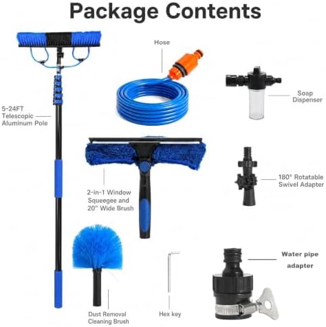 Solar Panel Cleaning Brush Kit with 5-24FT Telescopic Pole Water Fed Brush Window Gutter Cleaning Tool 20'' Wide Brush,Soap Dispenser, Squeegee & Cobweb Duster for Roof RV Deck Snow Removal