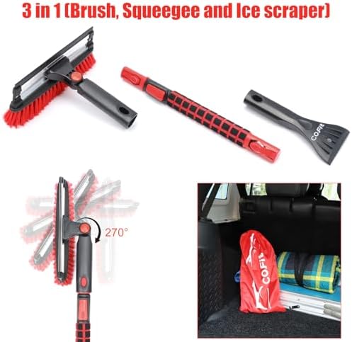 COFIT 39" Car Snow Brush with Ice Scraper and Squeegee 3 in 1, Extendable Cleaning Kit Long Handle, Windshield Snow Removal Tool Scratch Free for SUV Truck RV Window Roof Exterior Wash Supplies, Red