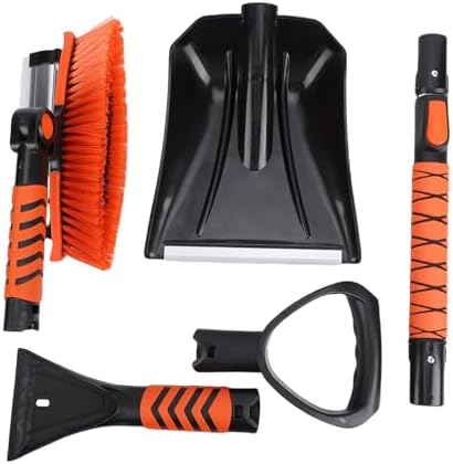 Ice Scraper Snow Shovel Kit, 4 in 1 Extendable Snow Brush, Heavy Duty Winter Cleaner with Ergonomic Foam Grip 180 Degree Pivoting Brush Head and 450lbs Load Capacity for Truck