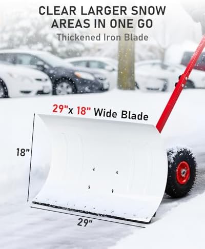 Outvita Snow Shovel with Wheels, 29" Blade Snow Pusher Plow, White & Red