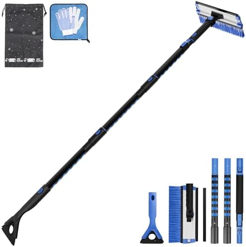 JOYTUTUS 61.3″ Ice Scraper and Long Handle Snow Brush, 270° Pivoting Extendable Car Snow Scraper Brush for Car Windshield, Telescoping Ice Scraper Foam Grip, Snow Remover for Cars, Trucks, SUV (Black)