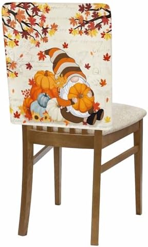 Thanksgiving Cute Gnome Chair Back Covers Set of 6 Fall Pumpkin Maple Leaf Sunflower Retro Text Bottom Washable Removable Chair Cover Slipcover Protector for Dining Room Hotel Party Holiday Decor