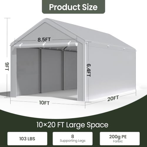 10x20 Carport with Sidewalls, Portable Garage Canopy for Truck Boat Storage