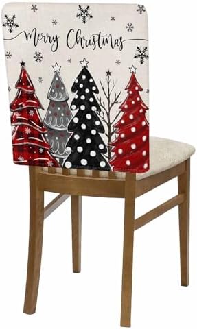 Merry Christmas Chair Back Covers Set of 8 Cartoon Xmas Tree Snowflake Plaid Red Dot Linen Washable Removable Chair Cover Slipcover Protector for Dining Room Hotel Party Holiday Decor