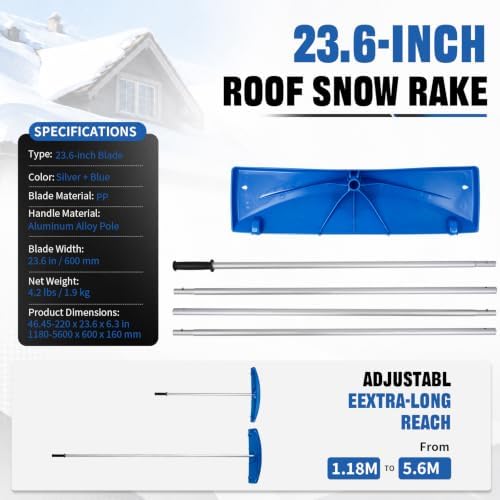 Outvita 18.4FT Snow Roof Rake, 24 in PP Plastic Blade with Wheels, Blue