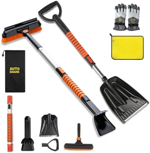 7 in 1 Snow Shovel & Snow Brush Kit, 47.2" Ice Scrapers & Snow Shovel Kit, Car and 360° Pivoting Car Scraper Snow, 7 in 1 Extendable Snow Brush with Foam Grip Glove.