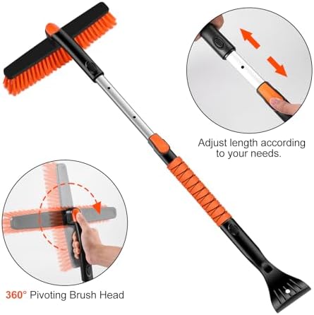 Odoland Ice Scraper with Snow Brush and Snow Shovel, 35" Extendable Snow Remover with Foam Grip, 360° Pivoting Brush Head for Car Windshield, Emergency Snow Scraper for SUV Truck Vehicle, Orange