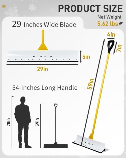TUFFIOM Snow Pusher Shovel for Driveway with Wheels, 29"/39" Wide Heavy Duty Push Snow Plow Shovel, Wheeled Rolling Snow Shovels for Removal Adjustable Angle & Height Handle (Yellow(29 inch))
