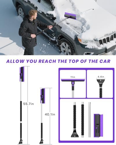 helloleiboo 55.7" Extra Long Ice Scraper with Snow Brush, Purple