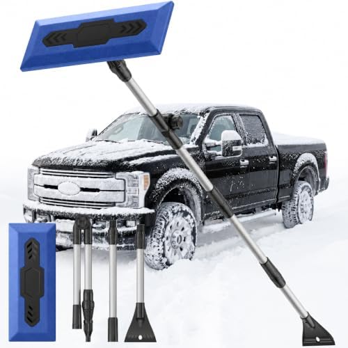 DMJN [2026 Upgrade] 60" Foam Snow Broom & Ice Scraper for Car, 16" No-Scratch EVA Foam Head, 180° Adjustable & Detachable Long-Reach Snow Removal Tool for Windshield, Roof, SUV & Truck, Blue