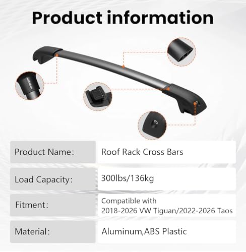 Roof Cross Bars Compatible with Volkswagen VW Tiguan 2018-2026
