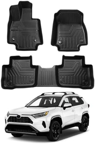 Powerty Floor Mats for 2019-2024 2025 Toyota RAV4 Accessories All Weather Floor Liner 3D TPO 1st & 2nd Row Floor Mat Heavy-Duty Floor Liners(FIT All Models)